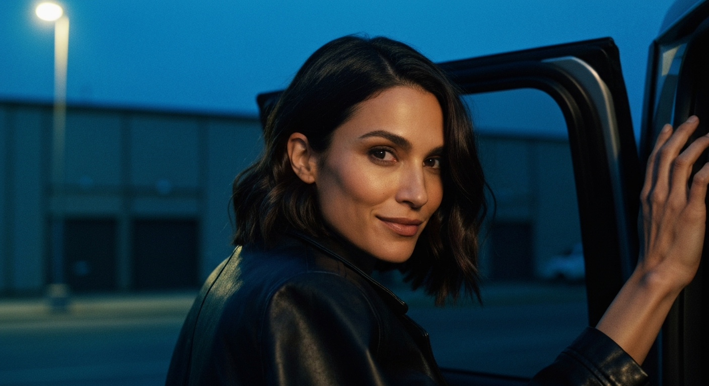 Cinematic 35mm film still of woman with shoulder-length dark brown hair with subtle waves, olive skin tone, athletic slim bui