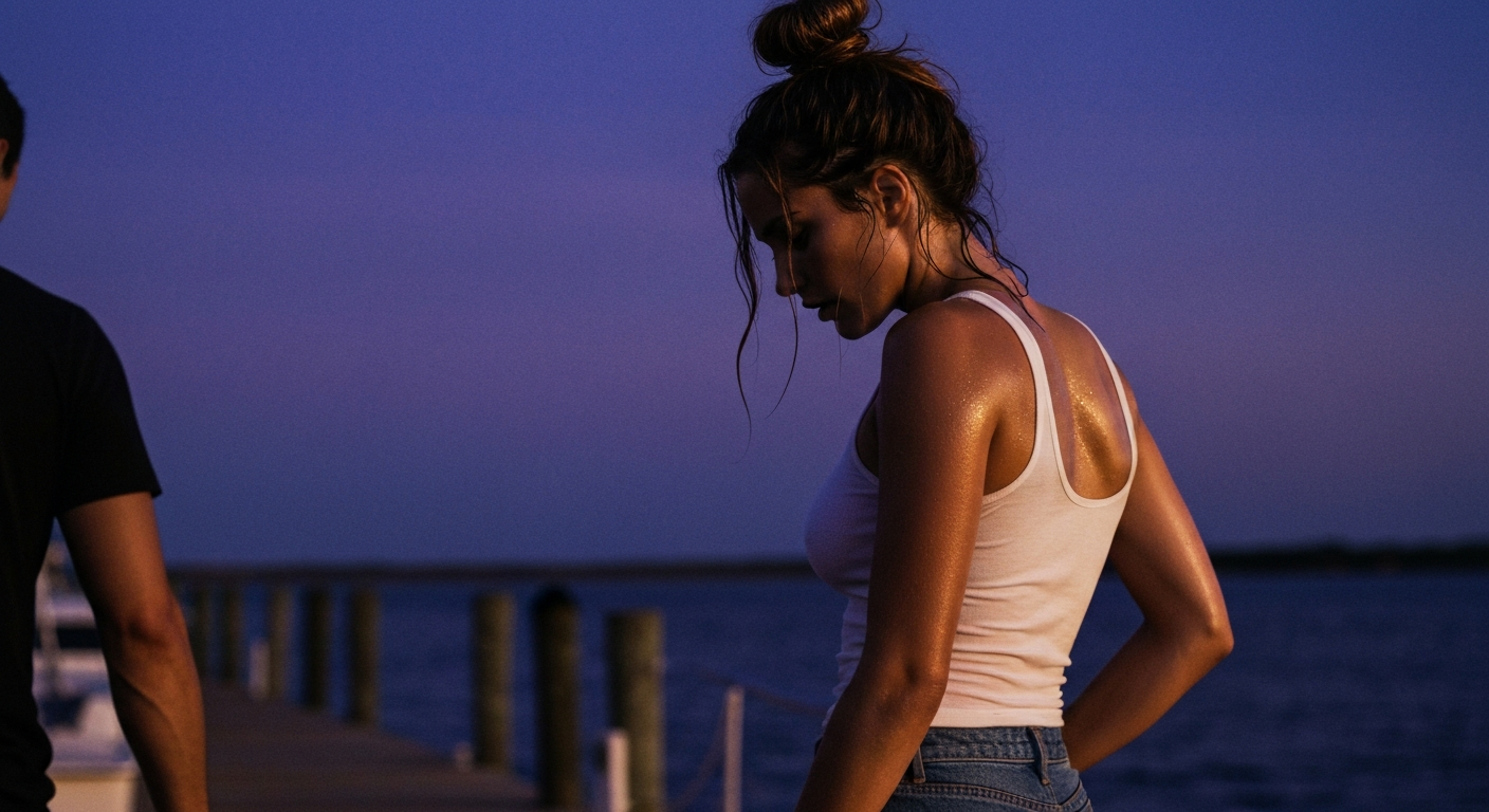 Cinematic 35mm film still of woman with long sun-bleached brown hair in messy bun, olive Mediterranean skin, athletic slim bo