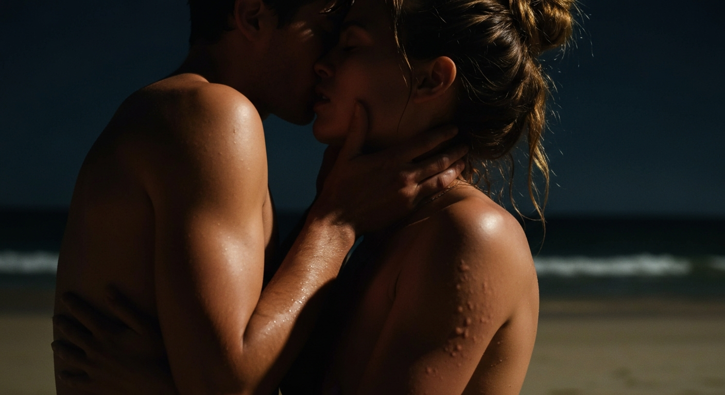 Cinematic 35mm film still of woman with long sun-bleached brown hair in messy bun, olive Mediterranean skin, athletic slim bo
