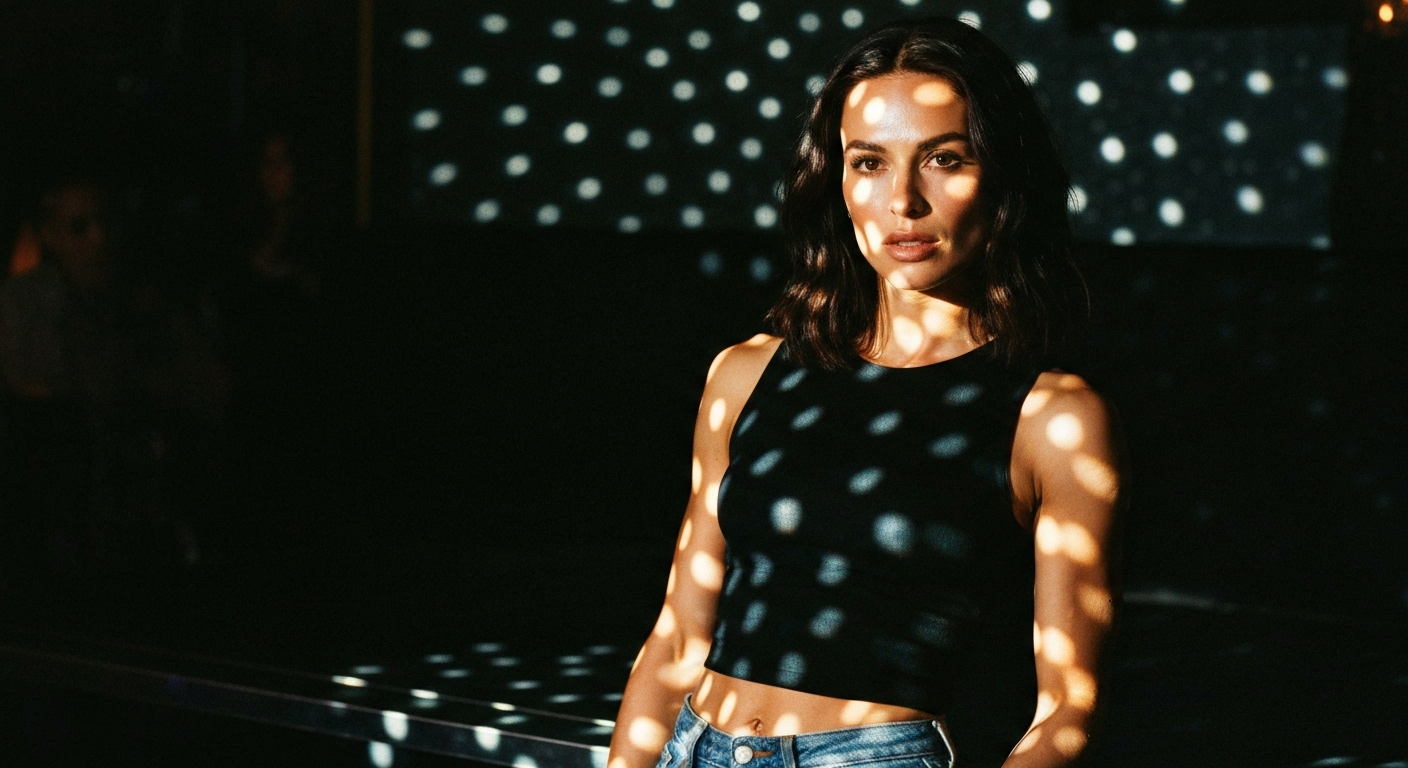 Cinematic 35mm film still of woman with shoulder-length dark brown hair, fair skin with warm undertones, athletic slim body w
