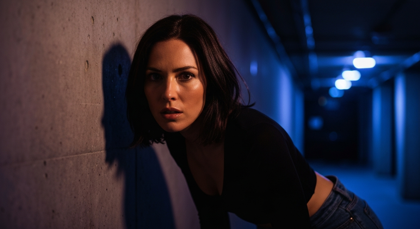 Cinematic 35mm film still of woman with shoulder-length dark brown hair, fair skin with warm undertones, athletic slim body i
