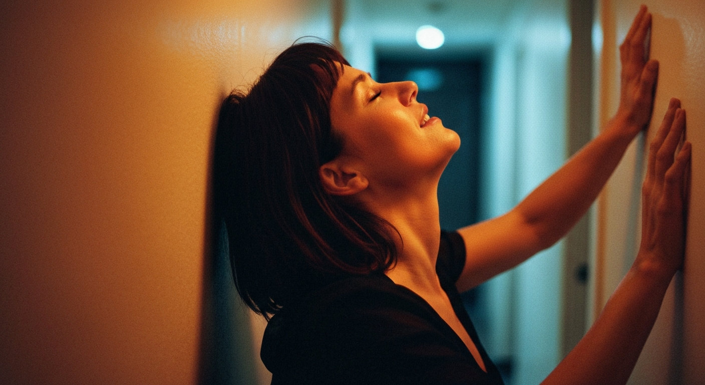Cinematic 35mm film still of woman with shoulder-length dark brown hair, fair skin with warm undertones, athletic slim body l