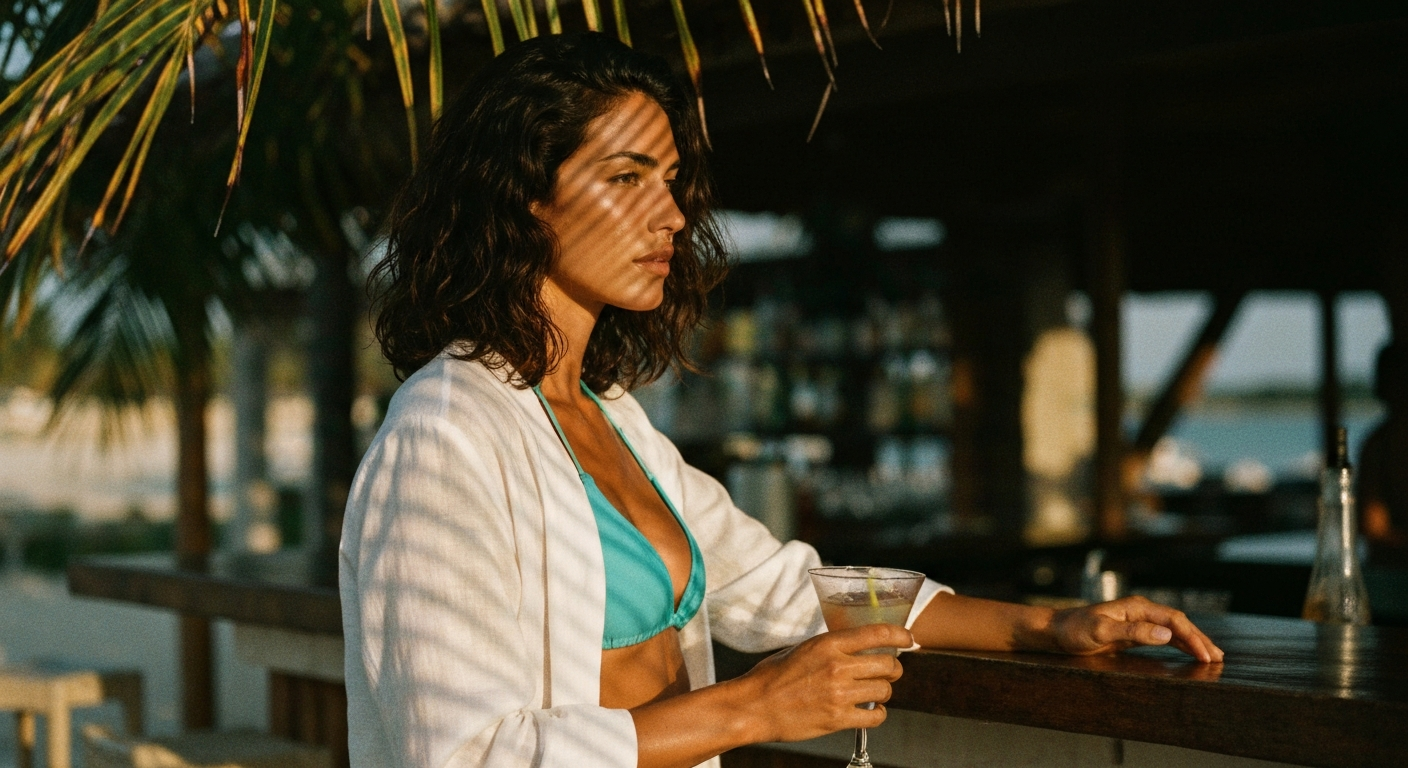 Cinematic 35mm film still of woman with shoulder-length wavy dark brown hair, sun-kissed olive skin, athletic slim body with