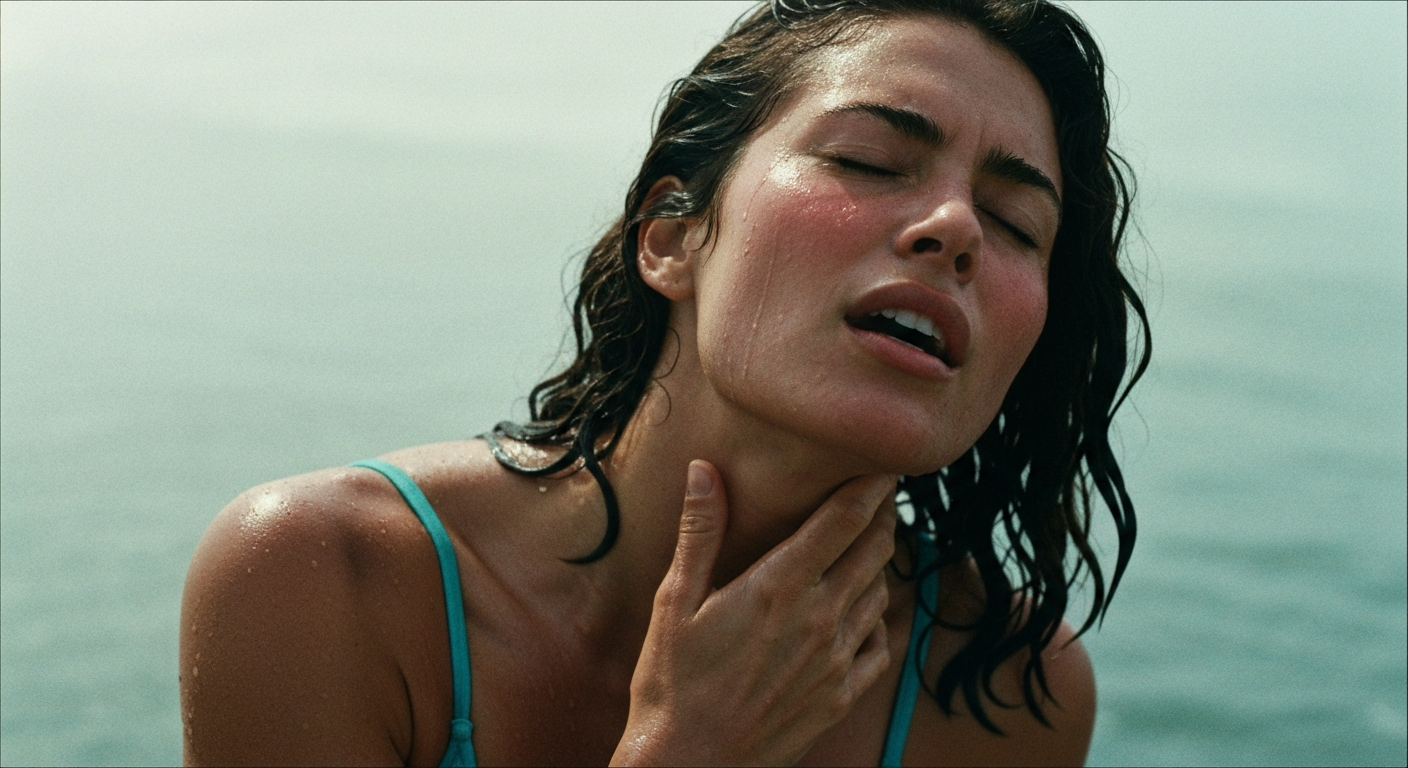 Cinematic 35mm film still of woman with shoulder-length wavy dark brown hair, sun-kissed olive skin, athletic slim body with